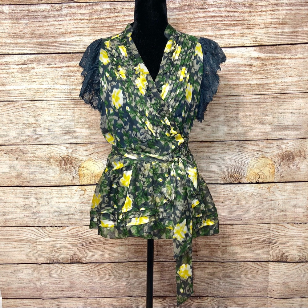 C. Luce Sheer Wrap Tie Floral Blouse